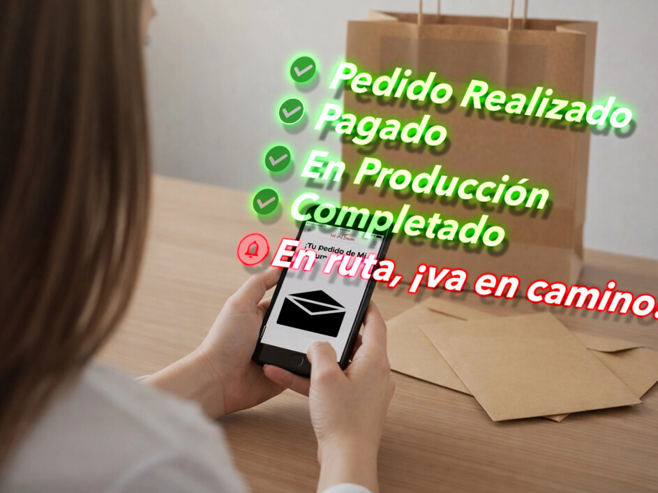 Notificación de pedido listo enviada por correo electrónico con el estado de producción y entrega